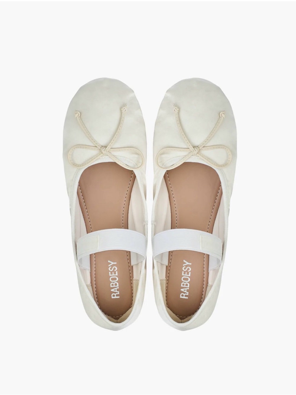 Raboesy White Satin Round Toe Ballet Flats